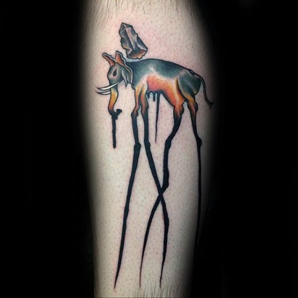 Colorful Salvador Dali-inspired tattoo of a melting elephant with elongated legs, blending surrealism with a dripping paint effect.