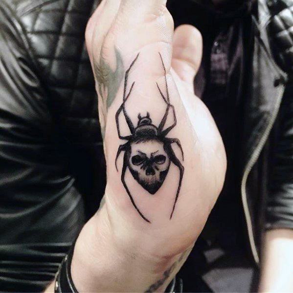 Guys Tattoos With Simple Side Of Hand Spider With Skull Design