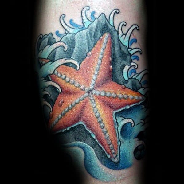 Vibrant orange starfish tattoo with raised pearl-like texture, set against crashing ocean waves in a bold, colorful design.
