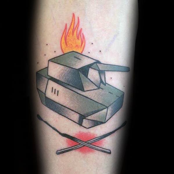 Minimalist geometric tank tattoo with flames on top and crossed matchsticks below, blending modern and symbolic design elements.