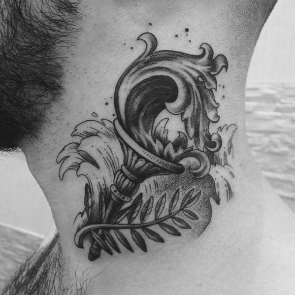 Black and grey torch tattoo on the neck with flowing, wave-like flames and a leafy branch wrapping around the base.