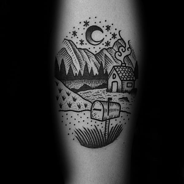Blackwork tattoo of a cozy cabin in the mountains under a starry night sky, with a smoking chimney and a mailbox in the foreground.