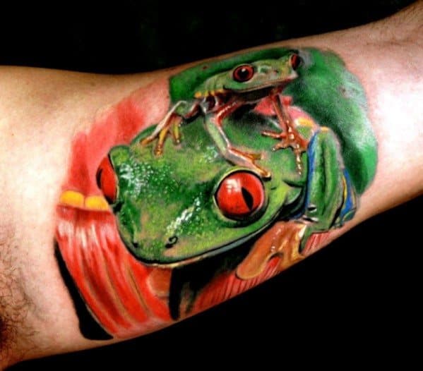 Guys Tattoos With Tree Frog Design 3d Realistic Inner Arm Bicep