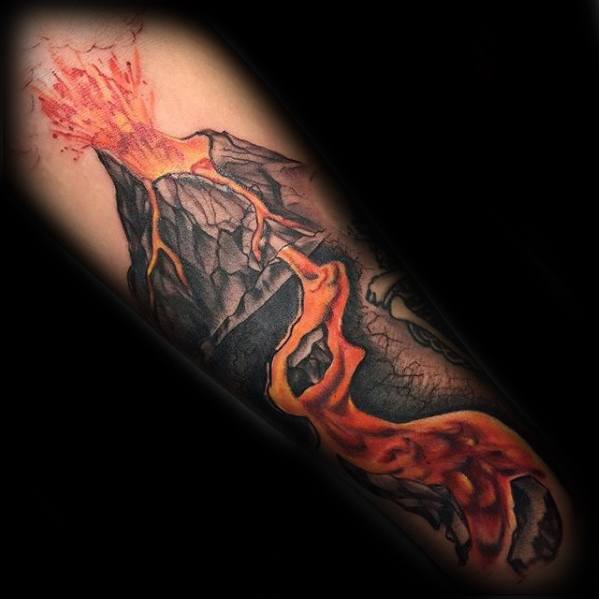 Guys Tattoos With Volcano Hot Lava Design On Forearm