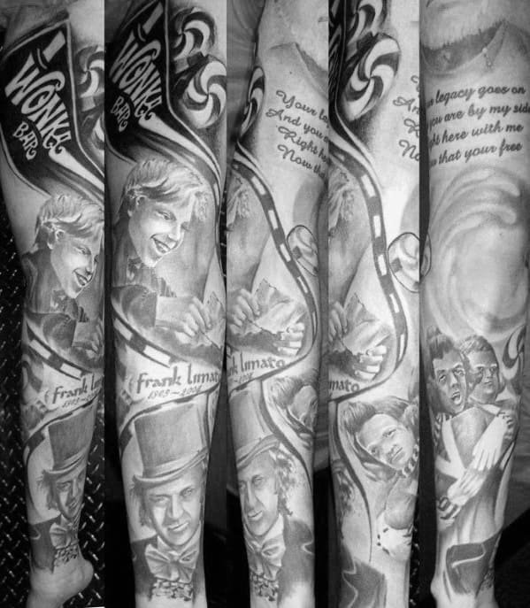 Full sleeve black and grey tattoo featuring Willy Wonka, Wonka Bars, film reels, character portraits, and a heartfelt tribute text.