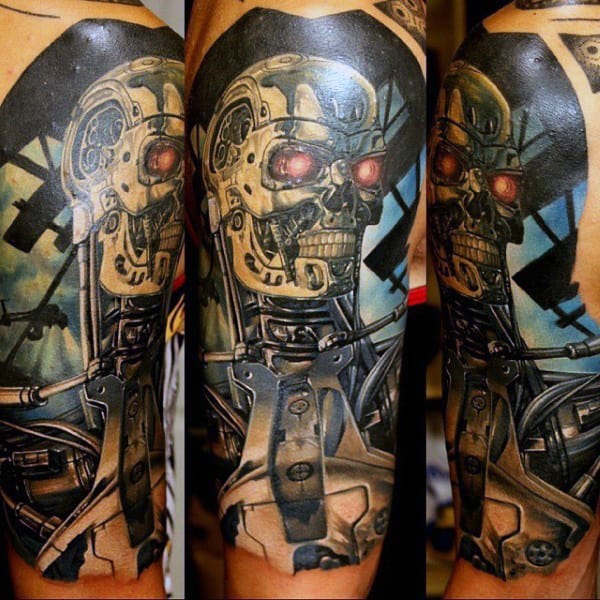 Guys Terminator Cyborg Half Sleeve Tattoo Ideas