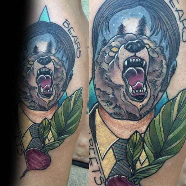 Color tattoo of Dwight Schrute from The Office with a roaring bear face merging into his own, featuring a beet and the words "Bears, Beets" as a nod to his famous quote.