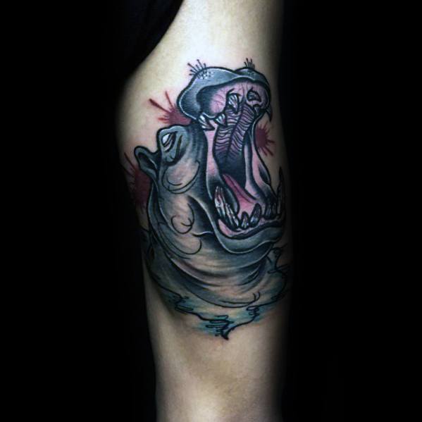 Guys Thigh Roaring Hippo Tattoo Design Ideas