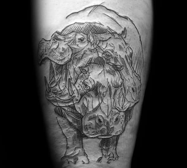 Guys Thigh Sketched Tattoo Ideas Hippo Designs