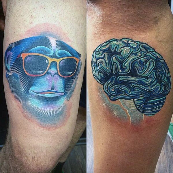 Guys Thighs Cool Monkey And Brain Tattoo