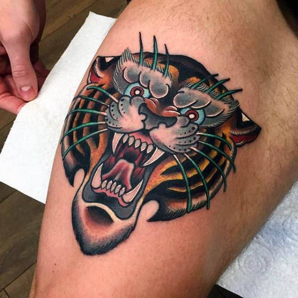 Guys Thighs Enraged Beast Neo Traditional Tattoo