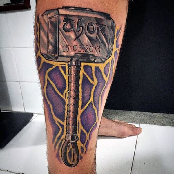 Guys Thor Hammer Tattoo On Leg
