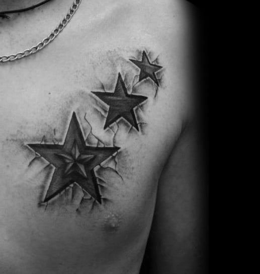 Triple 3D star tattoo on chest with cracked skin detail, each star varying in size to create a layered, dimensional visual effect.