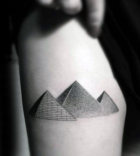 Guys Three Pyramid Detailed Dotwork Tattoo On Thigh
