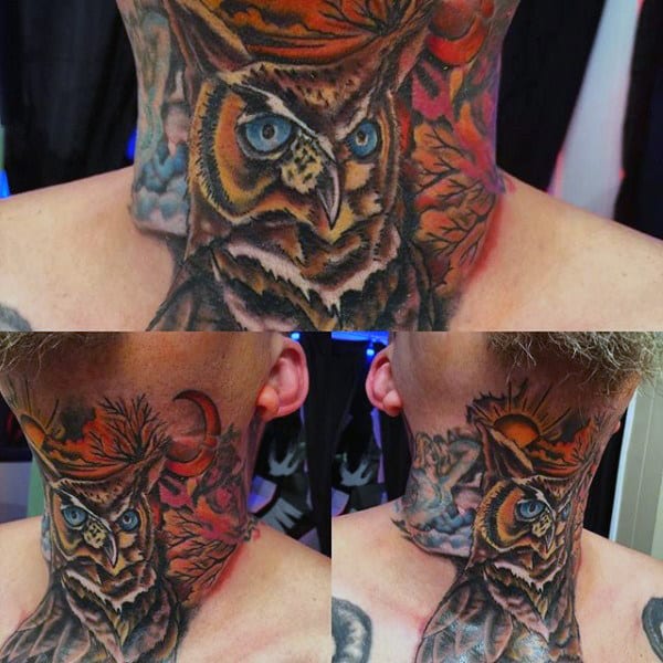 Throat tattoo of a fierce blue-eyed owl with rich autumn tones, detailed feathers, and a striking background featuring the moon and sun