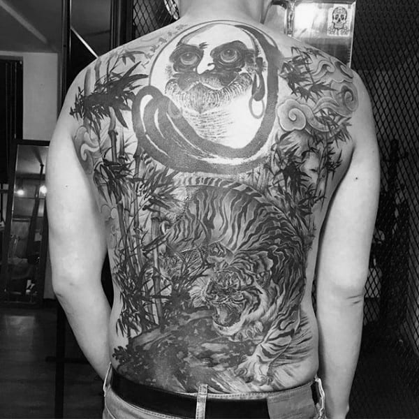 Guys Tiger And Bamboo Full Back Tattoos