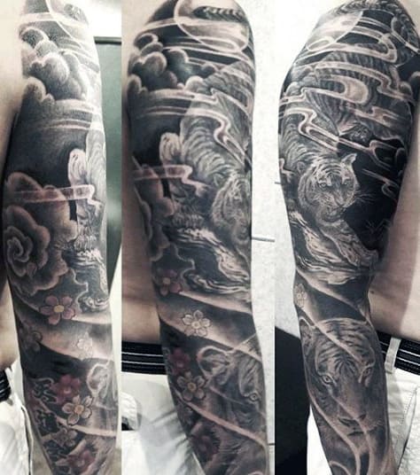 Guy's Tiger Head Tattoos Sleeve