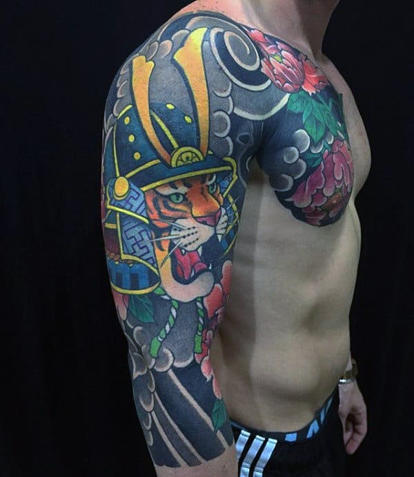 Guys Tiger Samurai Helmet Half Sleeve Japanese Tattoo Designs