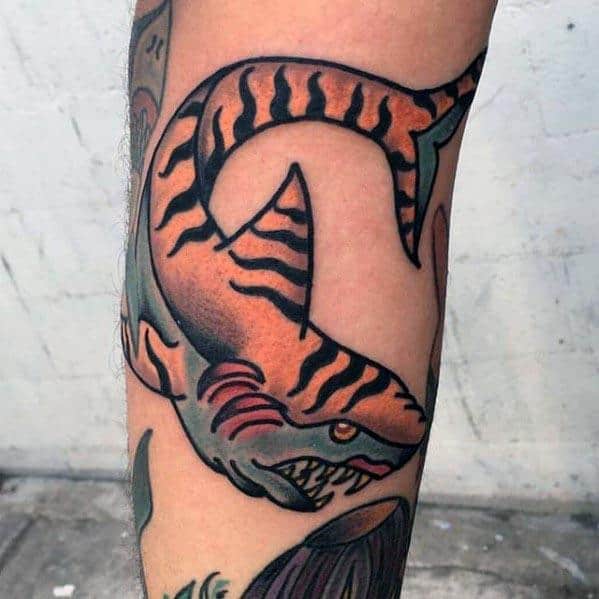 Traditional tiger shark tattoo with bold black stripes, orange tones, and sharp teeth, curved in a dynamic mid-swim pose.