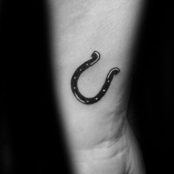 Guys Tiny Horseshoe Black Ink Wrist Tattoo Design Ideas