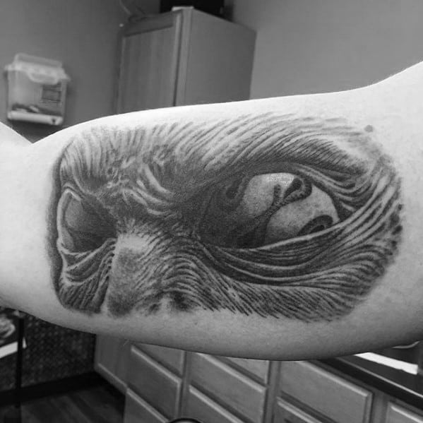 Black and grey Tool-inspired inner arm tattoo of a detailed eye peeking through layered muscle-like textures in a surreal design.