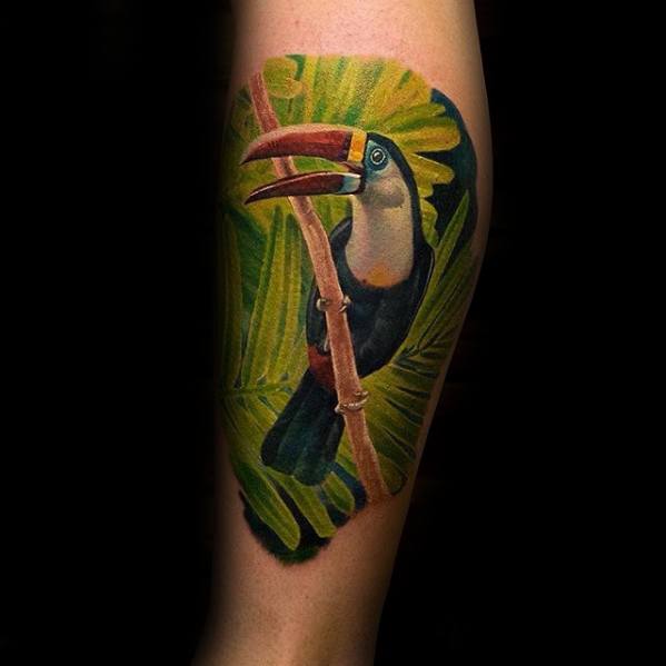 Lifelike toucan tattoo perched on a branch, surrounded by vivid green tropical leaves on the calf for a jungle-inspired look.