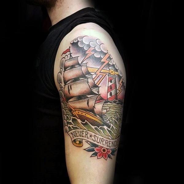 Guys Traditional Arm Tattoos With Thunderstorm And Sailing Ship Design