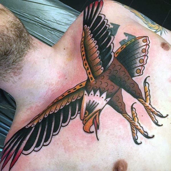 Guys Traditional Bird Eagle Tattoo On Upper Chest