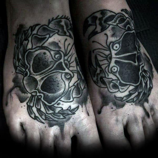 Guys Traditional Black Ink Old School Crab Tattoos On Feet