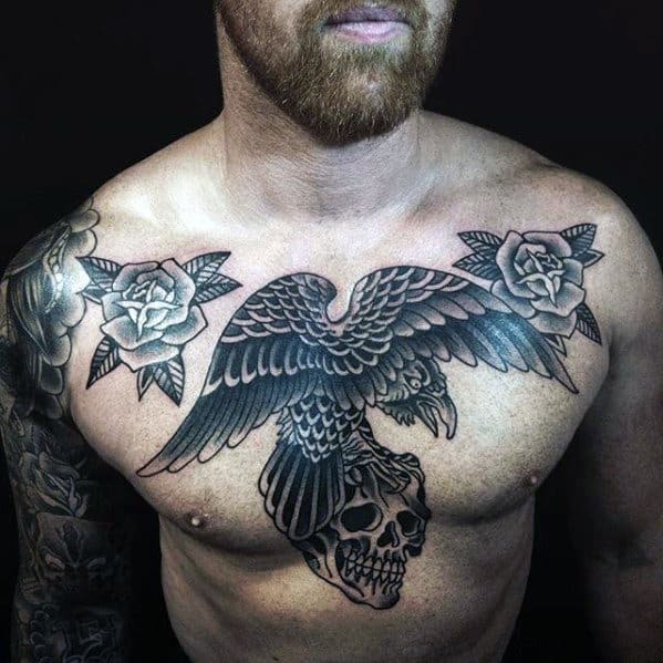 Guys Traditional Crow Flying With Skull Mens Old School Chest Tattoos