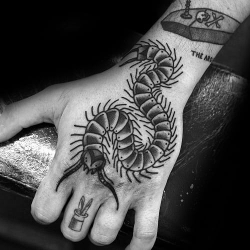 Guys Traditional Hand Tattoos With Centipede Design