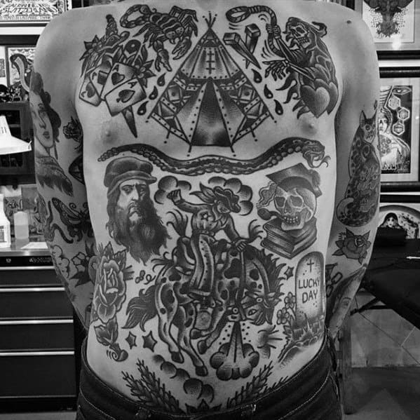Traditional full back tattoo in black ink featuring a horse and rider, skull, roses, snakes, tents, and various symbolic elements.