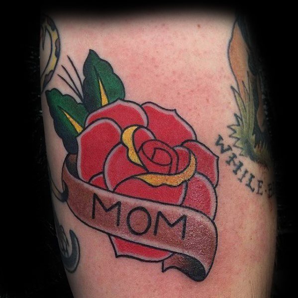 Guys Traditional Mom Banner Rose Flower Arm Tattoo Design Ideas
