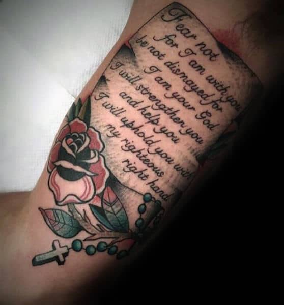Guys Traditional Old School Scroll With Rosary Arm Tattoos