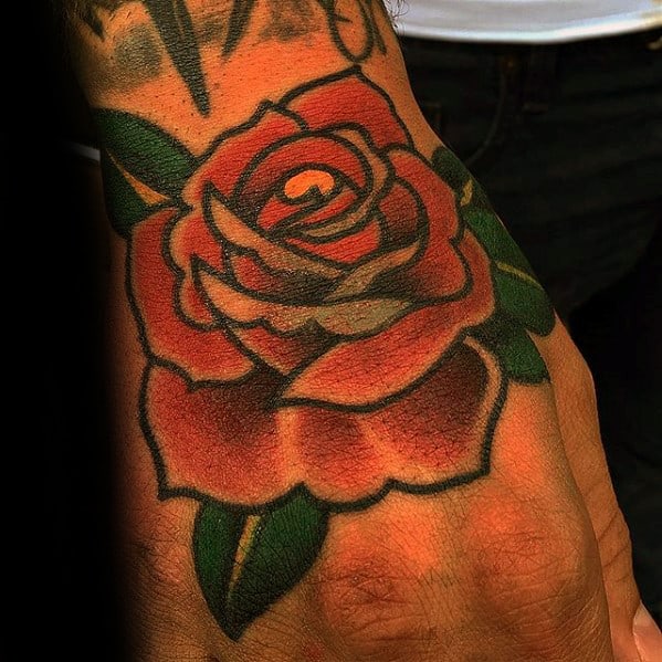 Guys Traditional Rose Flower Tattoo Design On Hand