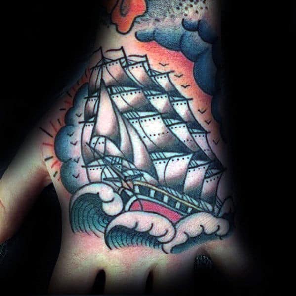 Guys Traditional Sailing Ship Tattoo Design On Hand