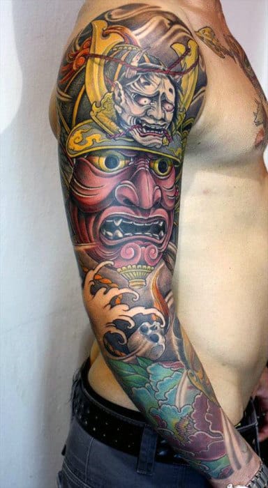 Guys Traditional Samurai Mask With Demon Head Tattoo Full Sleeve