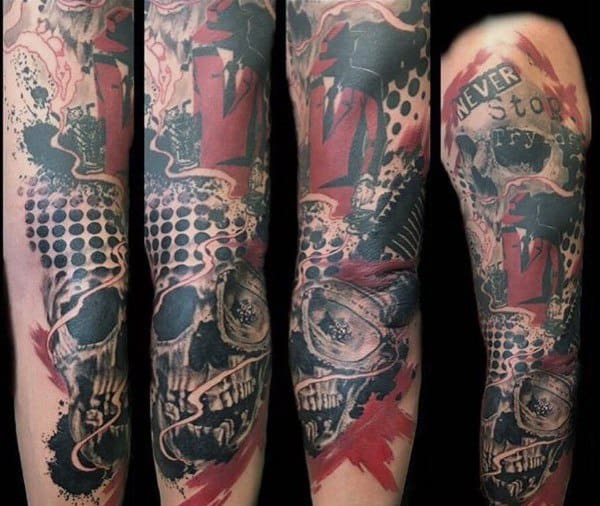 Abstract and grunge-style full sleeve tattoo inspired by The Goonies, featuring One-Eyed Willy’s skull, bold red accents, and "Never Stop" text.