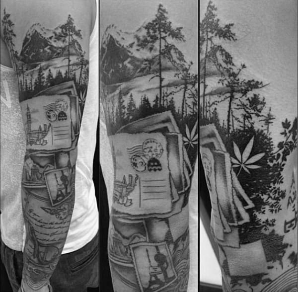 Guys Travel Sleeve Tattoo With Mountain And Postcards