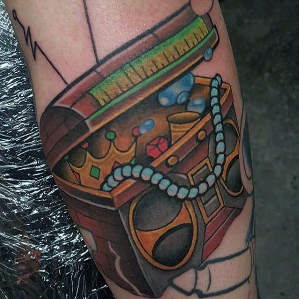 Guys Treasure Chest Boombox Forearm Tattoo