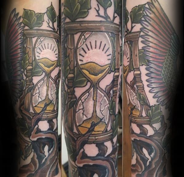 Guys Tree Branch Broken Hourglass Forearm Tattoo