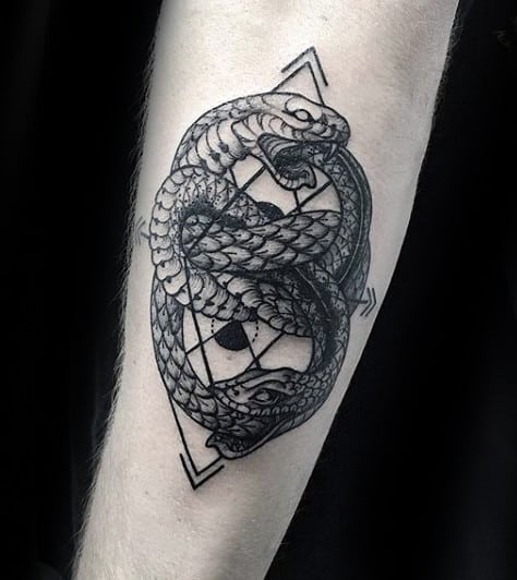 Guys Triangular Ouroboros Forearm Tattoo