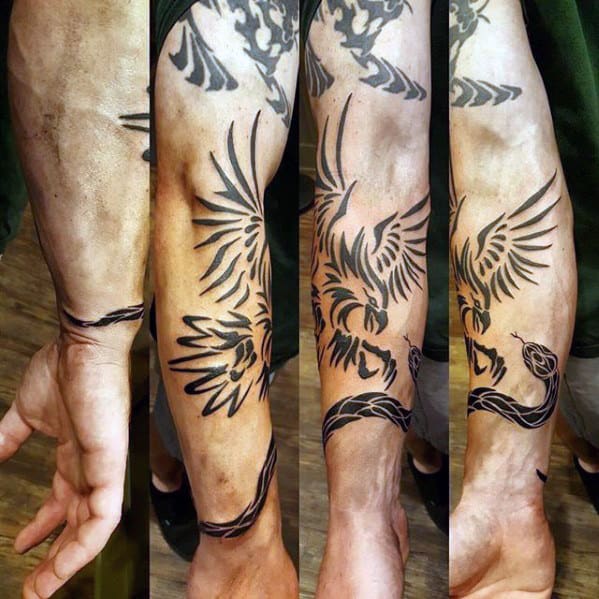 Guys Tribal Bird Snake Forearm Tattoo