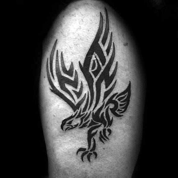 Guys Tribal Eagle Upper Arm Black Ink Tattoo Ideas