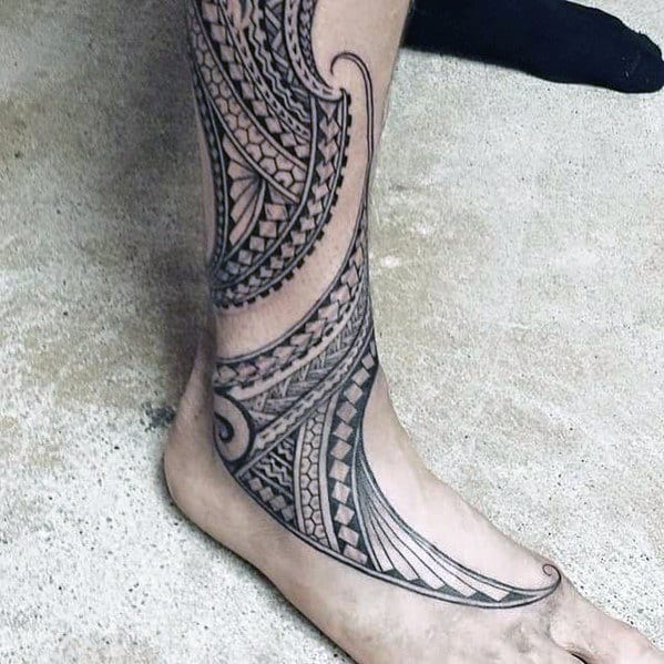 Guys Tribal Foot And Leg Polynesian Tattoo Ideas
