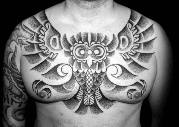Guys Tribal Owl Dotwork Chest Tattoos