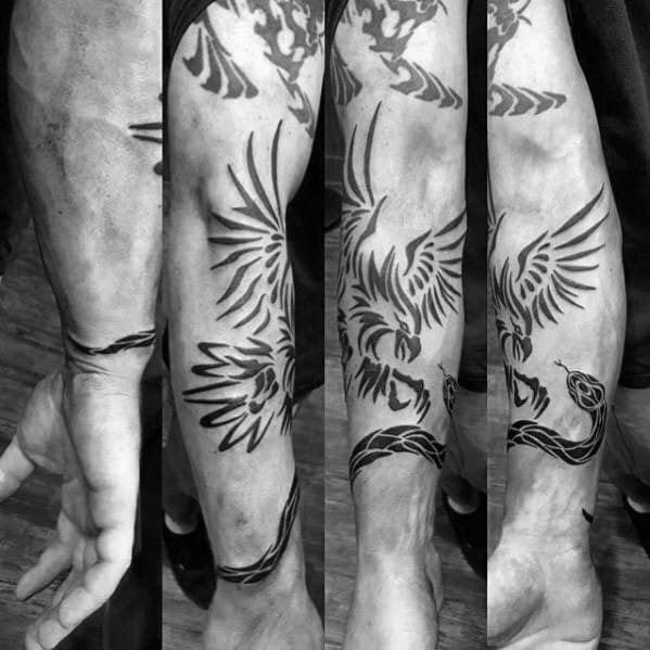 Guys Tribal Snake Eagle Forearm Tattoos