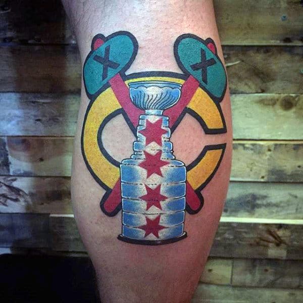 Guys Trophy Chicago Blackhawks Leg Calf Tattoos