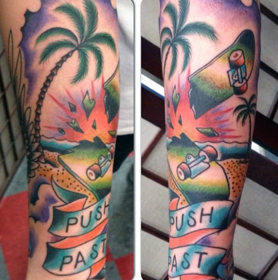 Guys Tropical Exploding Skateboard Colorful Tattoo