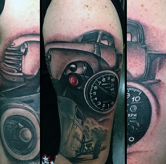 Tattoo of a vintage car with a detailed speedometer and tire on an arm